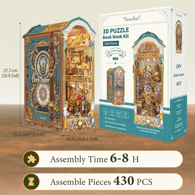 Tonecheer طقم كتاب نوك DIY للبالغين، لغز خشبي ثلاثي الأبعاد ككتاب نهاية منزل مصغر، ديكور إدخال رف الكتب مع غطاء غبار وأضواء LED هدايا (برج الساعة) - Image 3